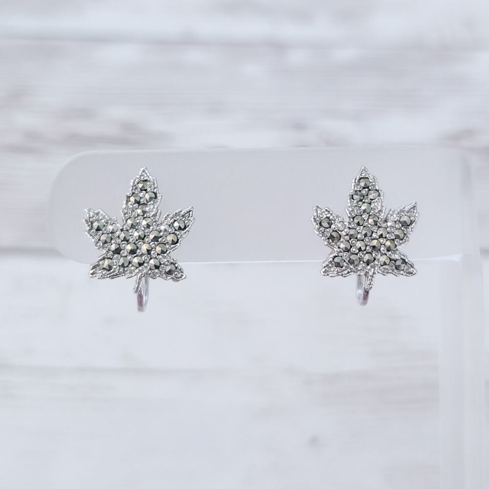 Vintage Screw Back Earrings Silver Tone Leaf with Marcasites